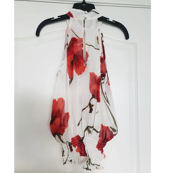 Vintage large red poppy 100% viscose semi - sheer high neck top - keyhole back - Picture 8 of 10